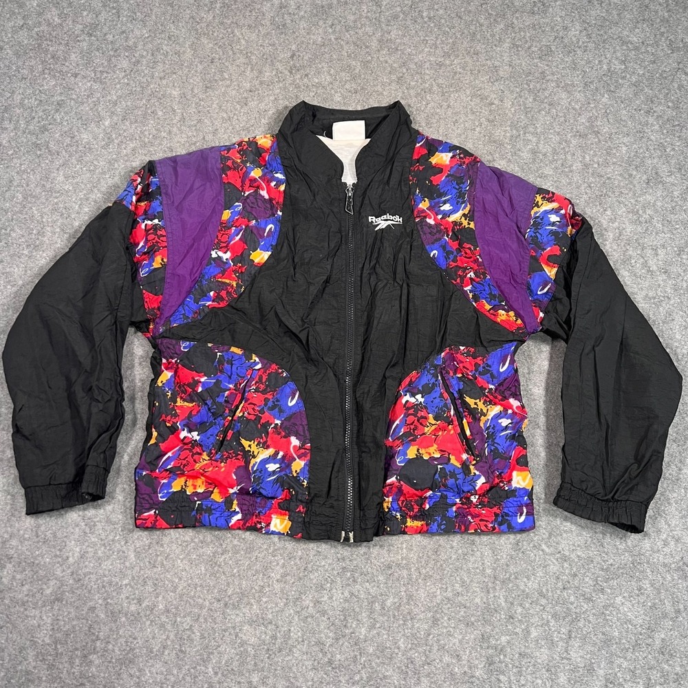 Reebok Vintage Retro 90s Black Rainbow Full Zip-Up Windbreaker Men's Size Large